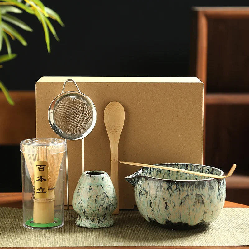Sada Matcha s bambusovou metlou a keramickou miskou, 6dílná japonská čajová sada pro 3