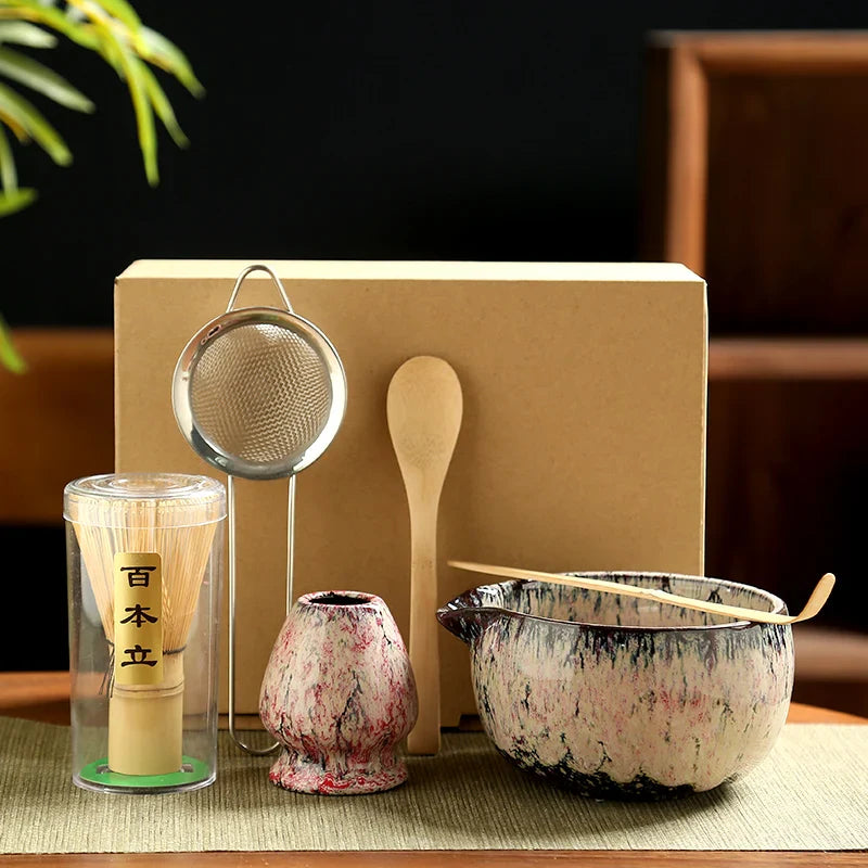 Sada Matcha s bambusovou metlou a keramickou miskou, 6dílná japonská čajová sada pro 4