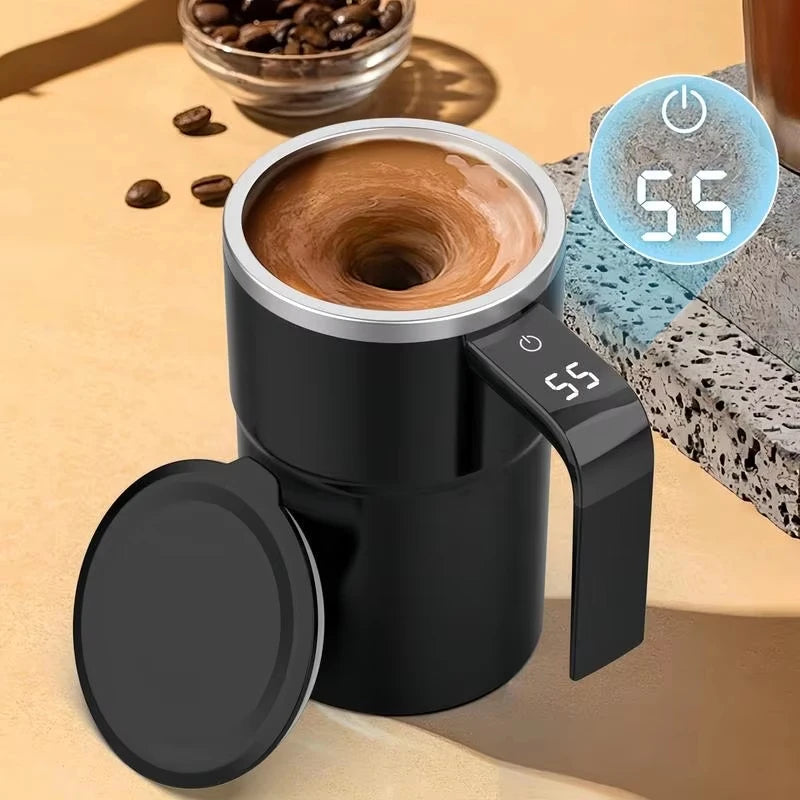 Samomíchací hrnek s ukazatelem teploty – 380 ml, nerezová ocel, přenosný a nepropustný, dobíjecí přes USB, ideální na kávu a čaj 0