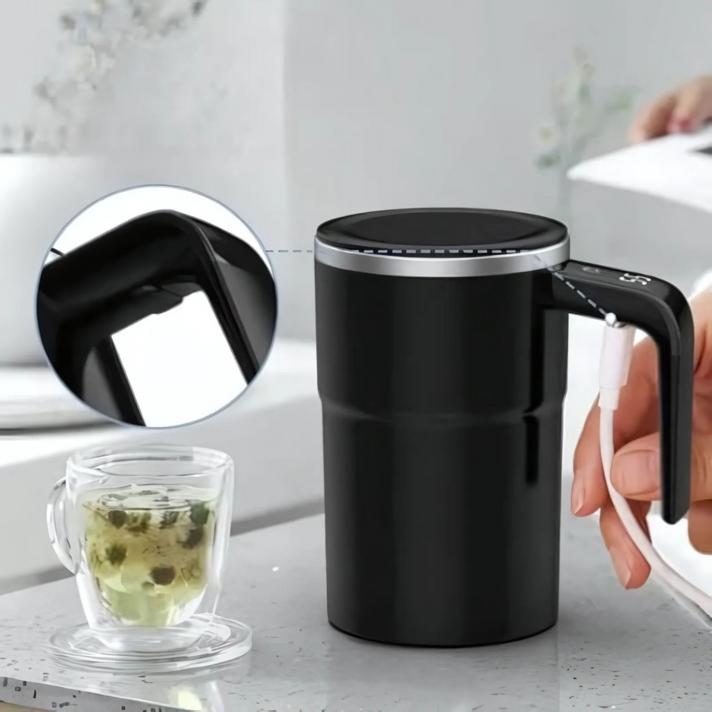 Samomíchací hrnek s ukazatelem teploty – 380 ml, nerezová ocel, přenosný a nepropustný, dobíjecí přes USB, ideální na kávu a čaj 1