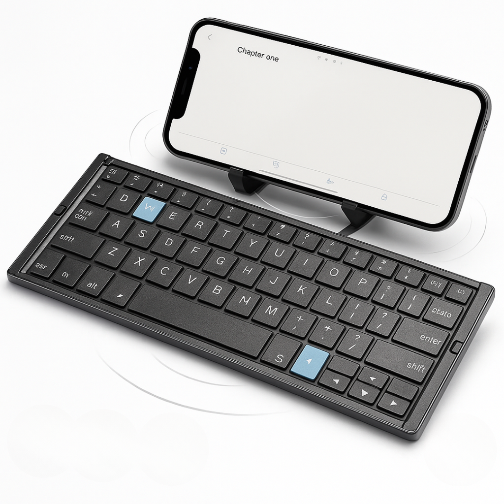 Skládací Bluetooth klávesnice s magnetickým stojánkem na telefon – přenosná a všestranná 0