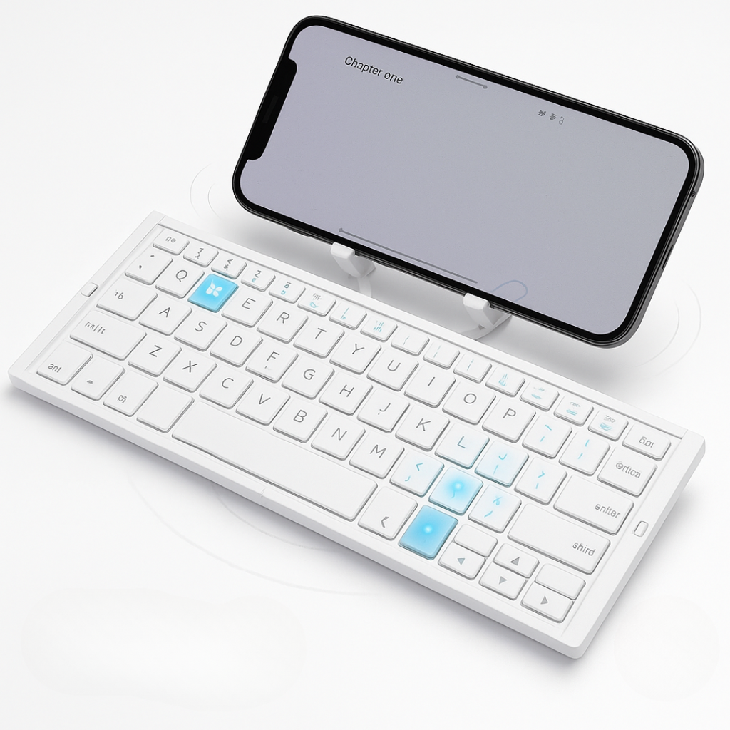 Skládací Bluetooth klávesnice s magnetickým stojánkem na telefon – přenosná a všestranná 7