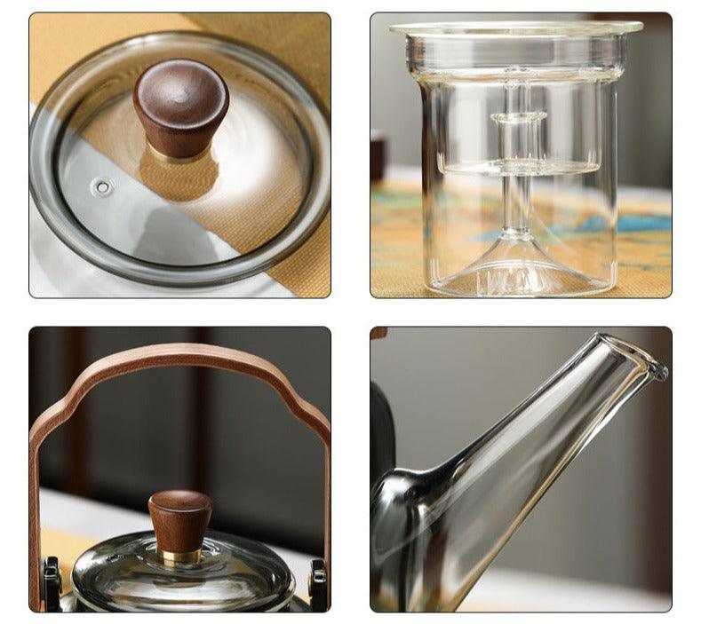 Skleněná konvice na čaj s dřevěným víčkem a filtrem – 1,2 litru, kouřové sklo a dřevo pro elegantní zážitek z pití čaje 5