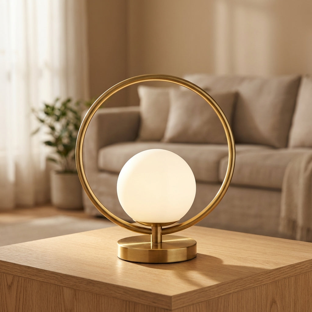 Stmívatelná stolní lampa s LED kroužkem – sklo, moderní design, nastavitelné světlo, kompaktní 12x28cm 1