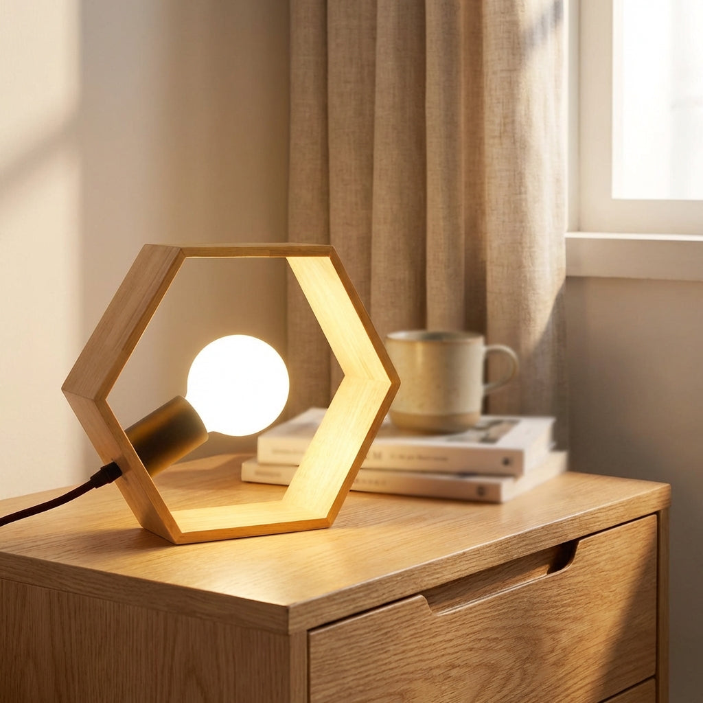 Stolní Lampa s Teplým Světlem a Přírodním Dřevem – Minimalistický Design, 25 cm 0