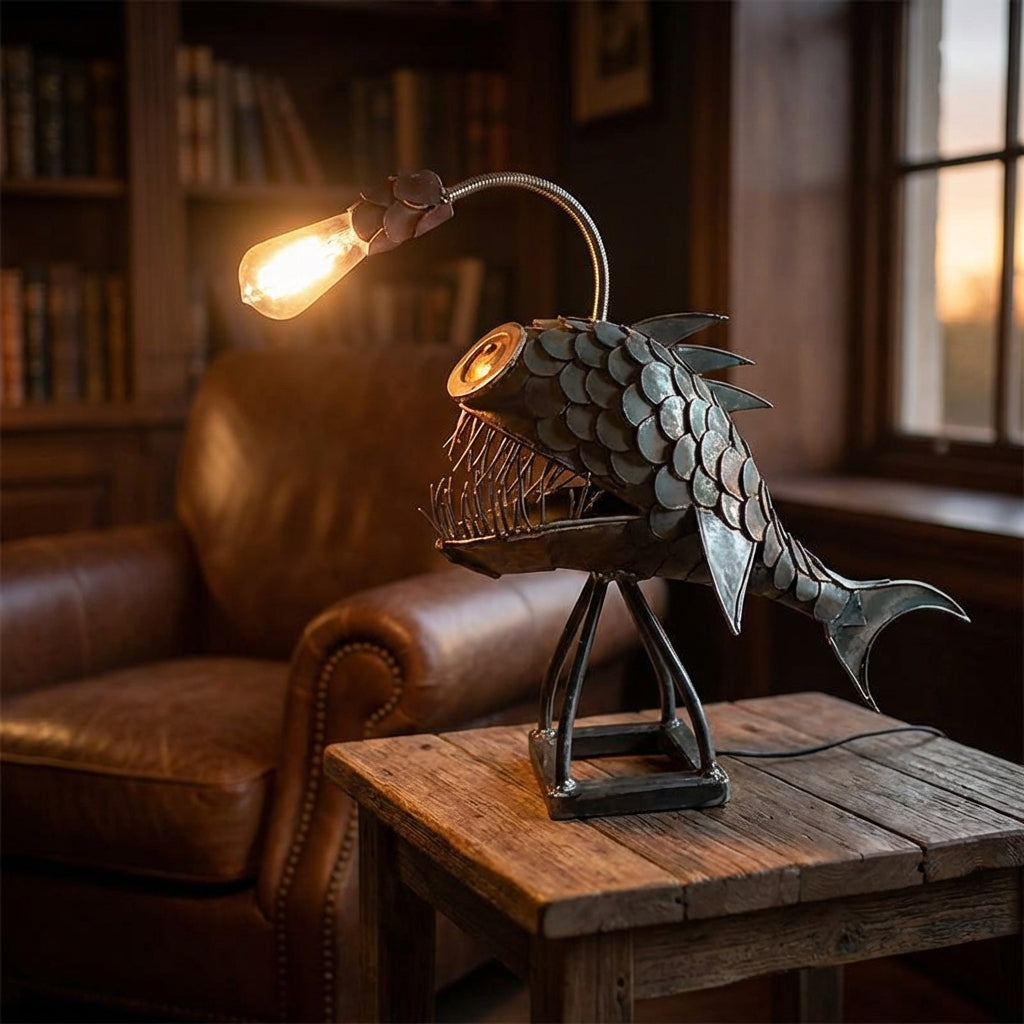 Stolní lampa s nastavitelným stínidlem a sošnou siluetou ryby – retro design do obývacích pokojů a na psací stůl 0