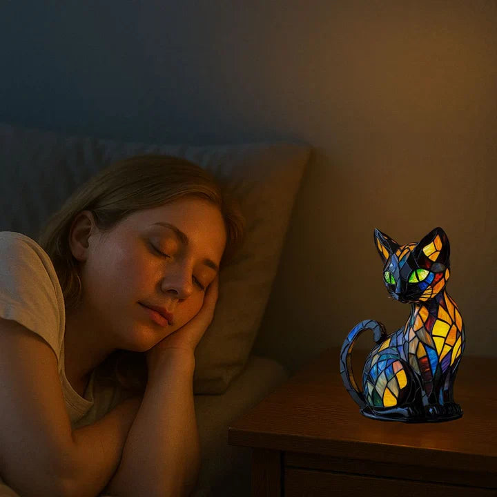Stolní lampa z vitráže ve tvaru kočky s LED osvětlením – 30-36 cm 4