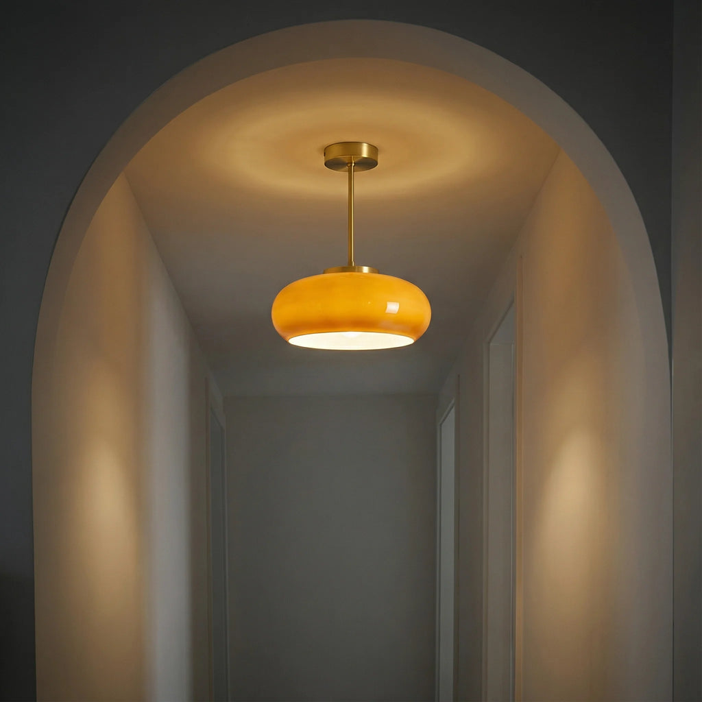 Stropní svítidlo Amber Glass s mosaznou krytkou, vintage design, možnost zapuštění nebo závěšení, pr 1
