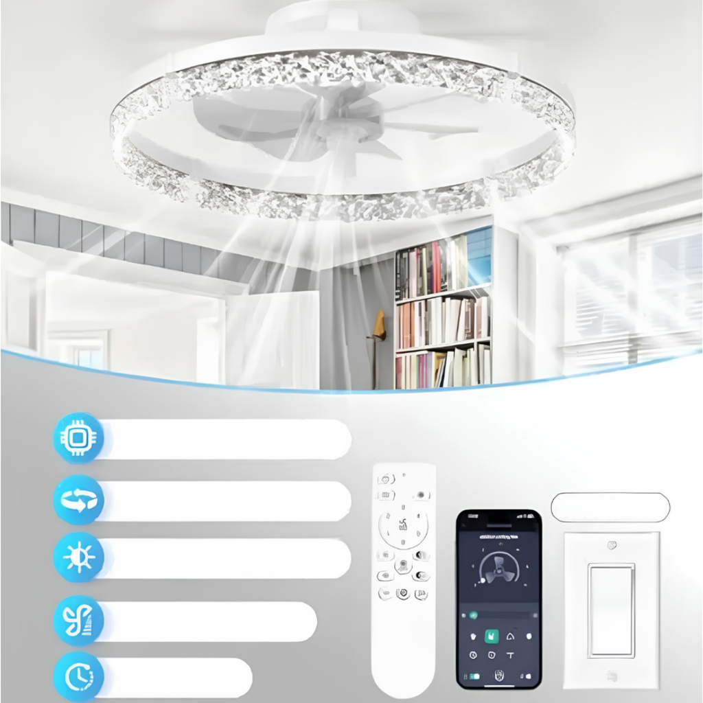 Stropní ventilátor pro zapuštěnou montáž se stmívatelným LED světlem a dálkovým ovládáním – moderní bílý design 1