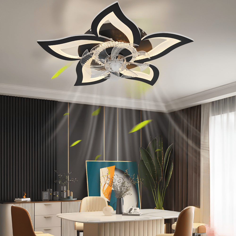 Stropní ventilátor se stmívatelným LED světlem a dálkovým ovládáním – moderní květinový design v černé nebo bílé barvě 0