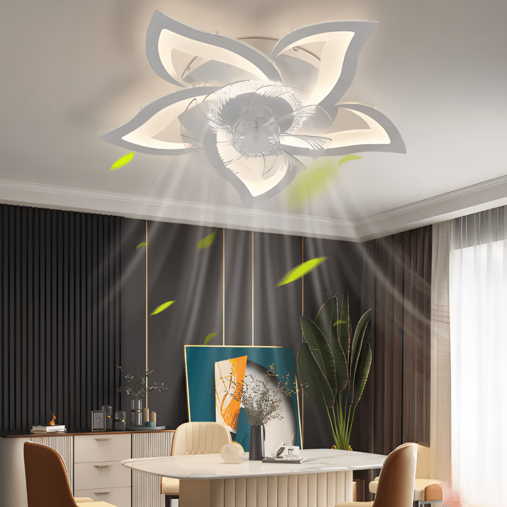 Stropní ventilátor se stmívatelným LED světlem a dálkovým ovládáním – moderní květinový design v černé nebo bílé barvě 2