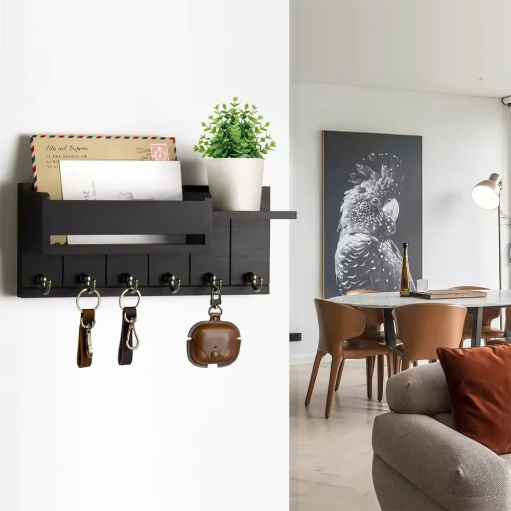 Stylový nástěnný organizér z masivního dřeva s háčky a policemi na klíče a doplňky 3