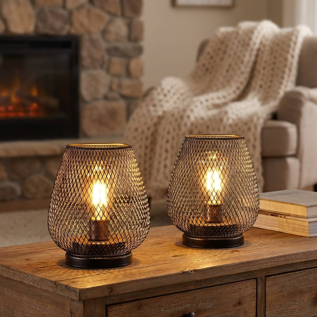 Teplá bílá LED bezdrátová stolní lampa - sada 2 ks se síťovaným stínidlem 0