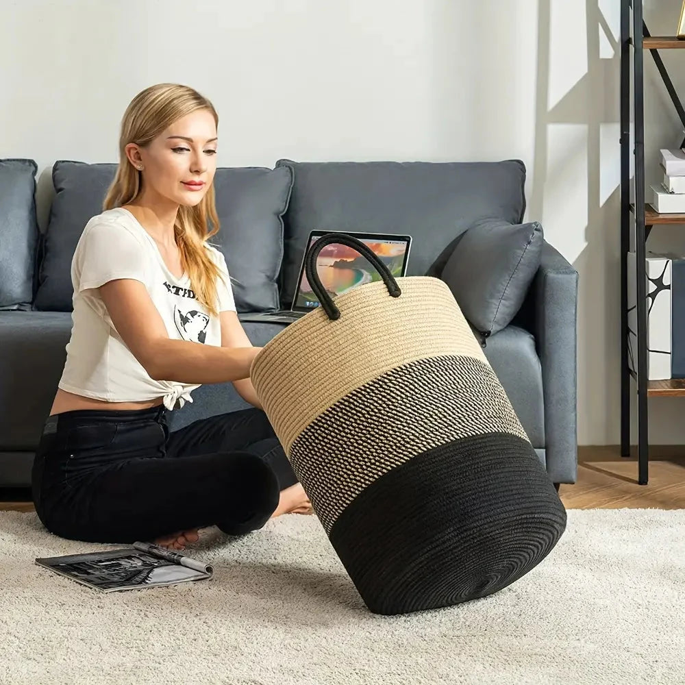 Tkaný bavlněný koš na prádlo v přírodní a černé barvě, skládací design, objem 1