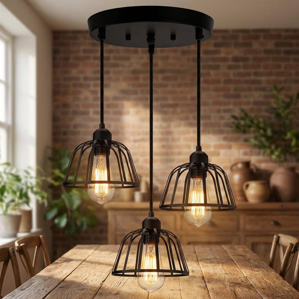 Tříhlavá závěsná lampa s nastavitelnou výškou – retro industriální styl ze železa a kovu do obývacího pokoje 0