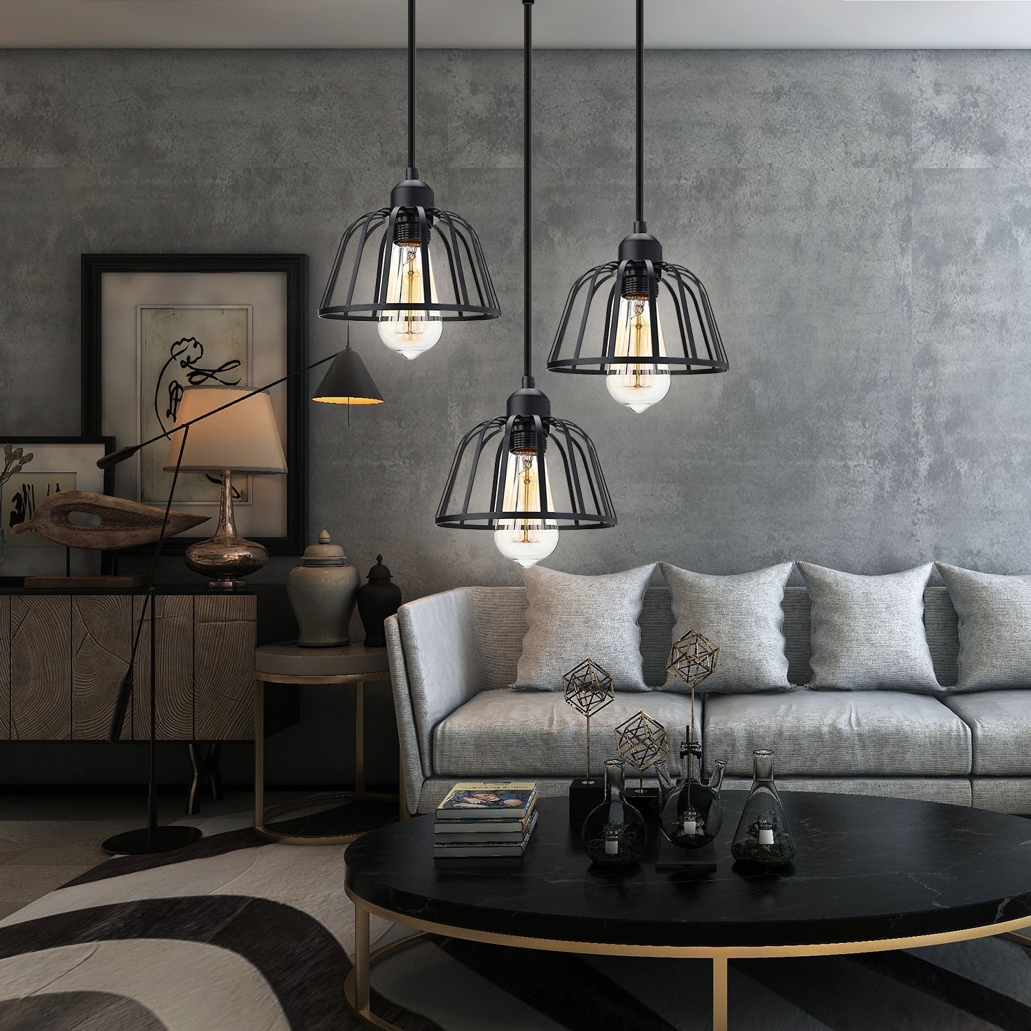 Tříhlavá závěsná lampa s nastavitelnou výškou – retro industriální styl ze železa a kovu do obývacího pokoje 5
