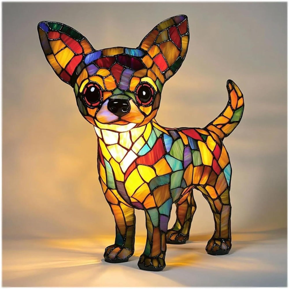 Umělecká figurka čivavy s geometrickým vzorem a teplým osvětlením - vysoce kvalitní pryskyřice, 7,1 x 6,7 palce 0