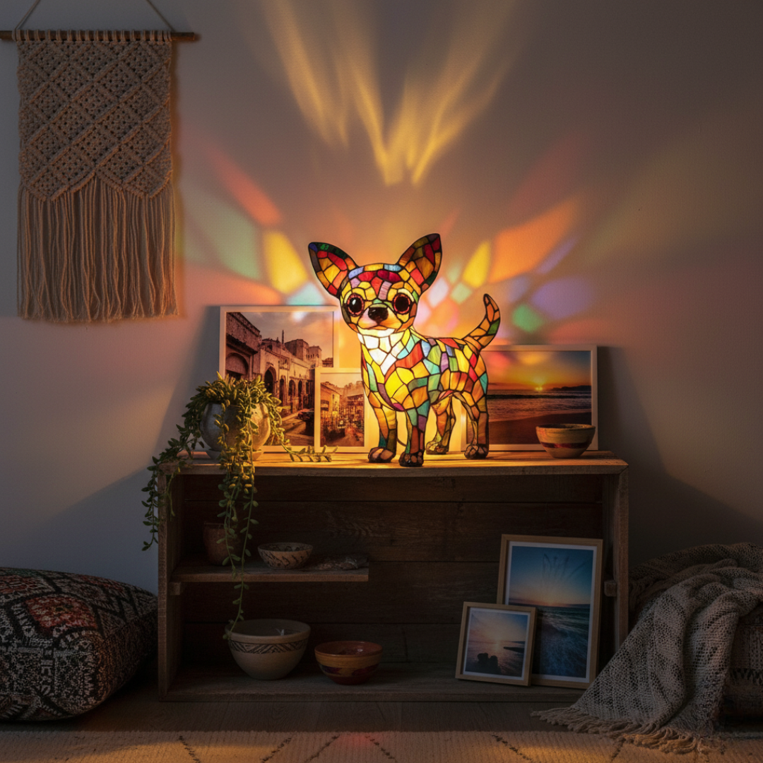 Umělecká figurka čivavy s geometrickým vzorem a teplým osvětlením - vysoce kvalitní pryskyřice, 7,1 x 6,7 palce 1