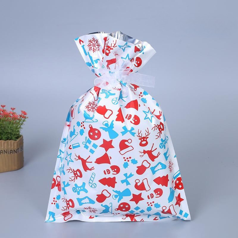 Vánoční dárkové tašky z hliníkové fólie – ekologické balení v různých velikostech se stříbrnou stuhou 9