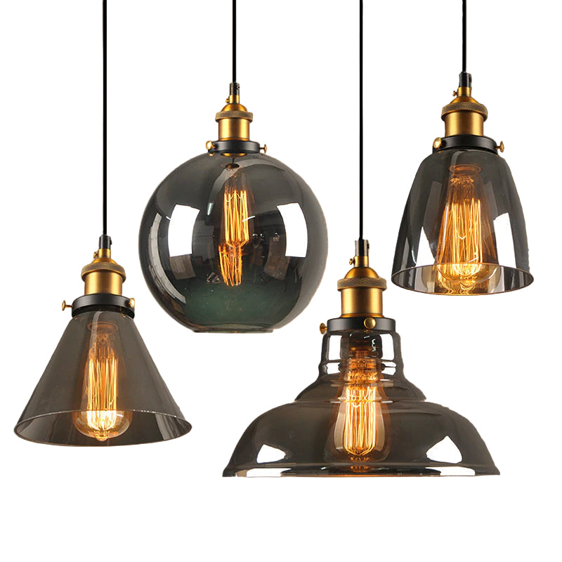 Vintage Art Déco hanging lamp with grey glass and galvanized metal, dimmable, available in various sizes, featuring a 120 cm cable. 1