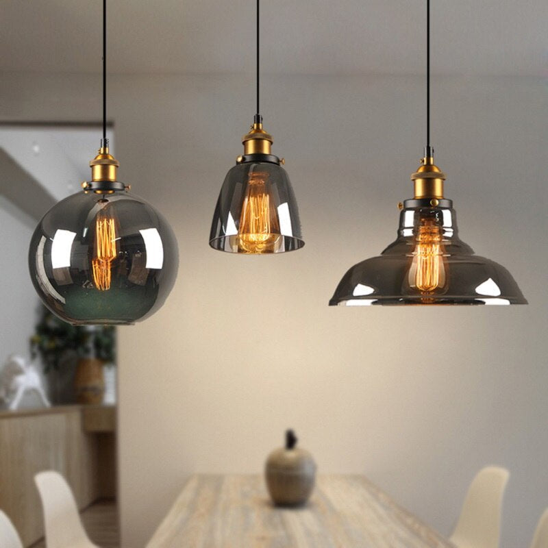 Vintage Art Déco hanging lamp with grey glass and galvanized metal, dimmable, available in various sizes, featuring a 120 cm cable. 4