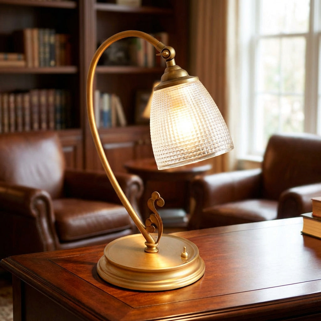 Vintage stolní lampa se zaobleným designem a kovovou povrchovou úpravou – zlatá lampa do obývacích pokojů a kanceláří 0