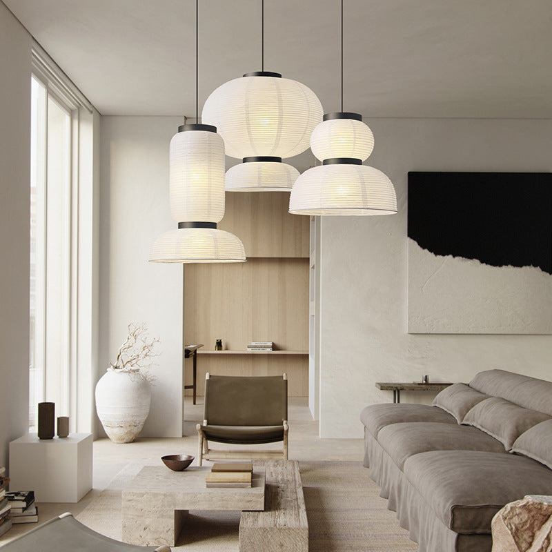 Výškově nastavitelná závěsná lampa do obývacího pokoje Wabi Sabi – kovová a látková, ideální pro osvětlení nad stolem 1