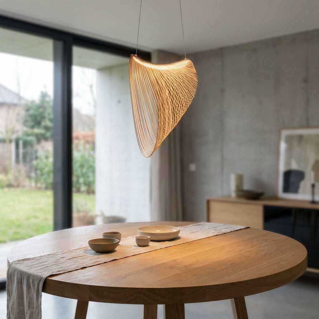 Výškově nastavitelná závěsná lampa s teplým světlem – skandinávský design ze dřeva a skla do obývacího pokoje nad stůl 1