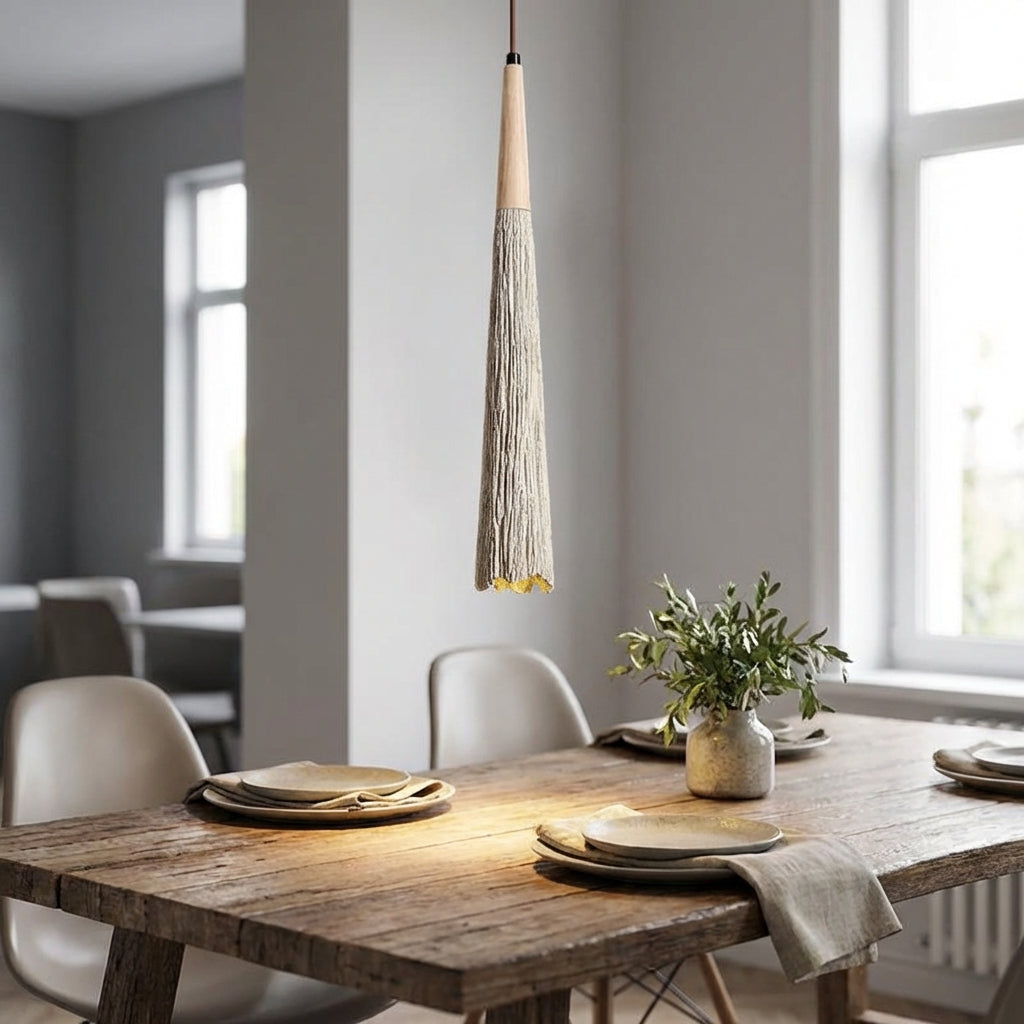 Závěsná LED lampa s krémovou cementovou texturou – moderní osvětlení do obývacího pokoje nad stolem 0