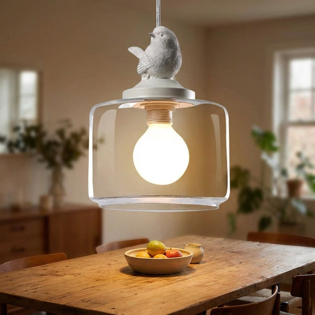 Závěsná lampa s LED a skleněným stínidlem, detail ptáka, moderní osvětlení obývacího pokoje, kov a akryl 0