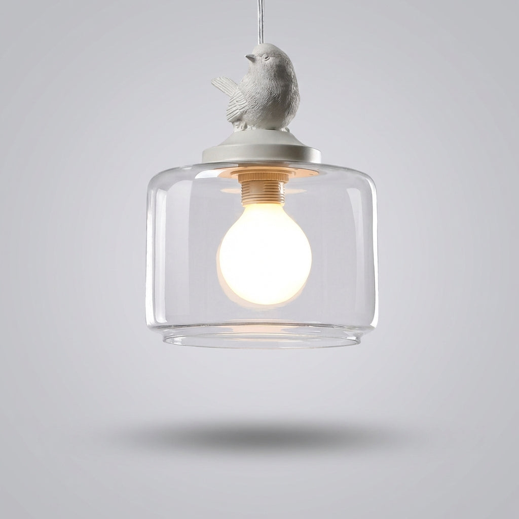 Závěsná lampa s LED a skleněným stínidlem, detail ptáka, moderní osvětlení obývacího pokoje, kov a akryl 1