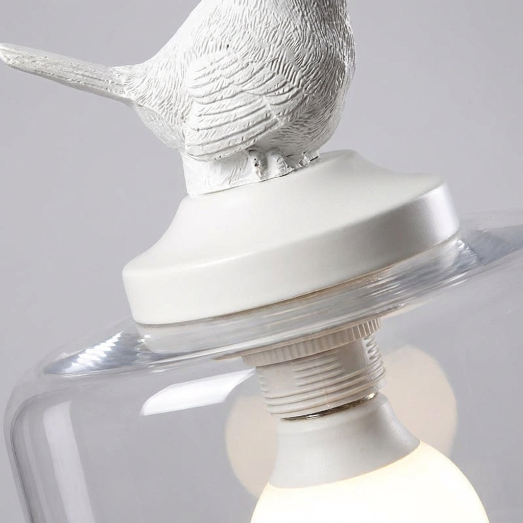 Závěsná lampa s LED a skleněným stínidlem, detail ptáka, moderní osvětlení obývacího pokoje, kov a akryl 2