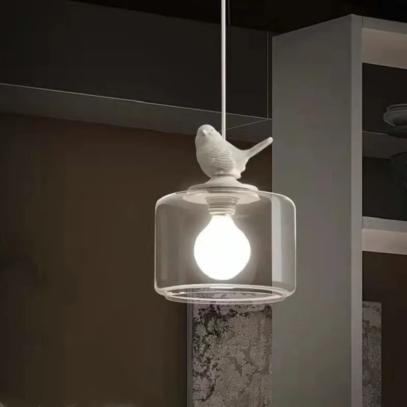 Závěsná lampa s LED a skleněným stínidlem, detail ptáka, moderní osvětlení obývacího pokoje, kov a akryl 3
