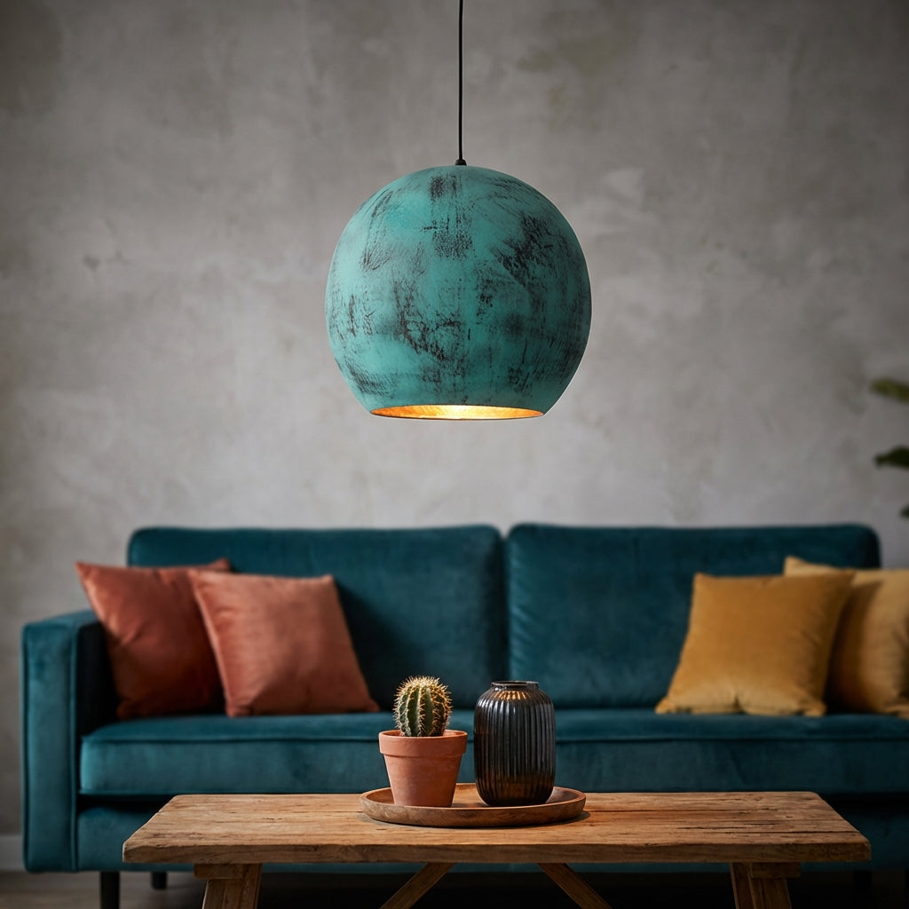 Závěsná lampa s oxidovanou patinou, ručně kovaná, tyrkysová – stylová lampa do obývacího pokoje, 25–55 cm 1
