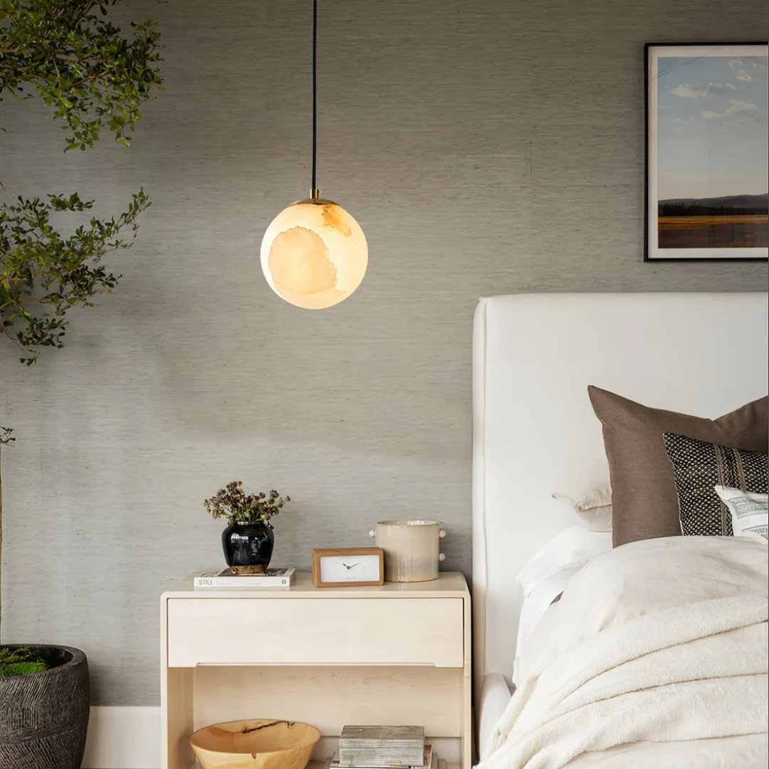 Závěsná lampa z alabastru s měkkým teplým světlem – Elegantní design pro obývací pokoj, ložnici, průměr 10/12/15 cm 2