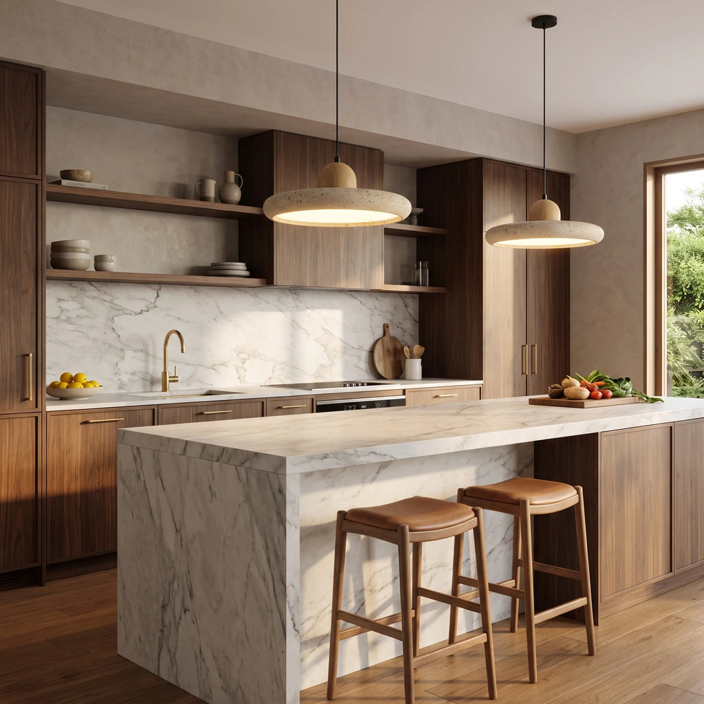 Závěsné světlo z travertinu s integrovaným LED osvětlením, Wabi-Sabi design s dř 0