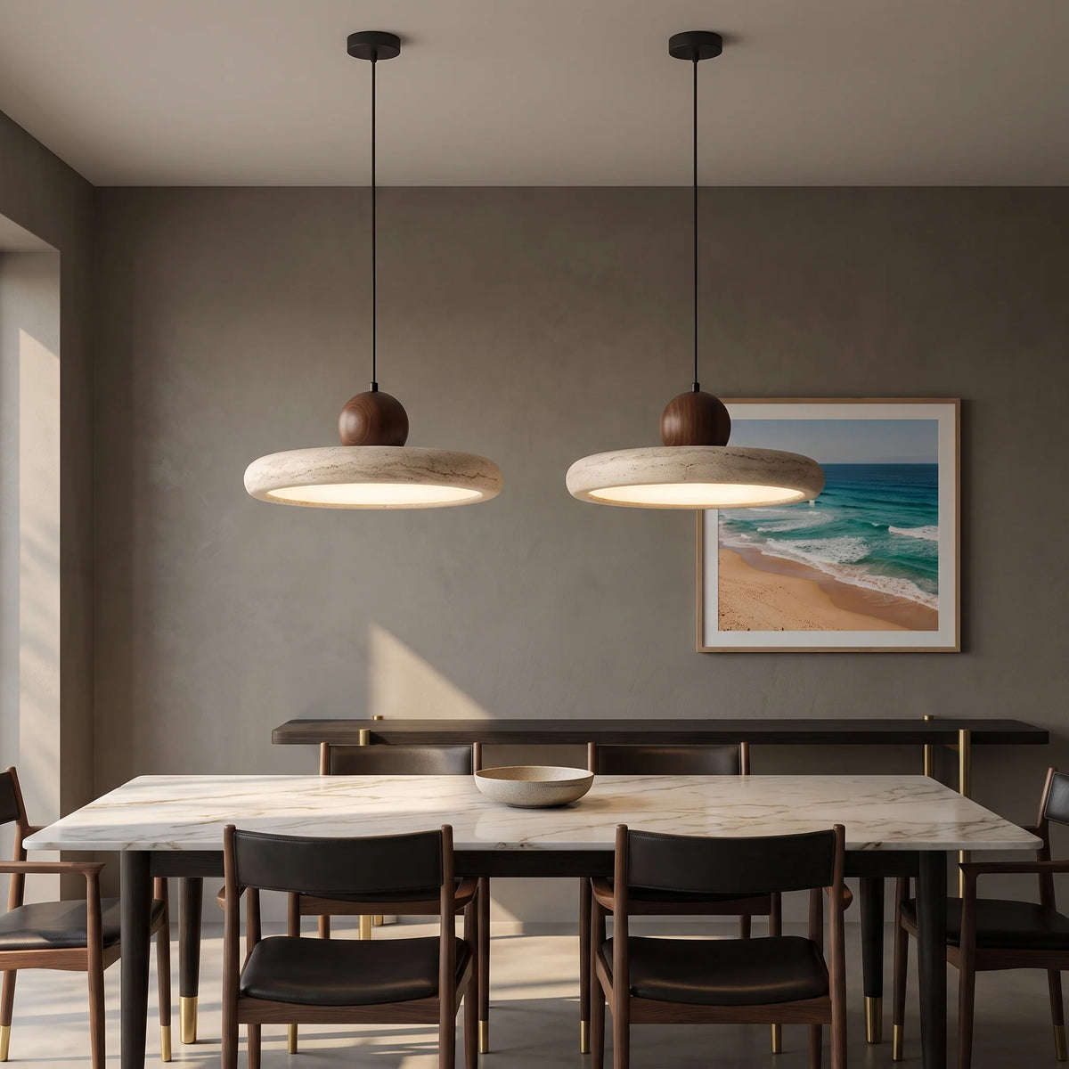 Závěsné světlo z travertinu s integrovaným LED osvětlením, Wabi-Sabi design s dř 1