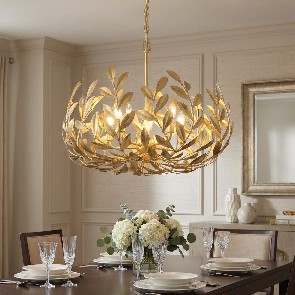 Závěsné Svítidlo s Listovým Motivem + Otevřený Design + Starožitné Zlaté + 58 cm Průměr 1