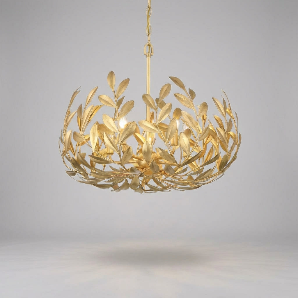 Závěsné Svítidlo s Listovým Motivem + Otevřený Design + Starožitné Zlaté + 58 cm Průměr 2