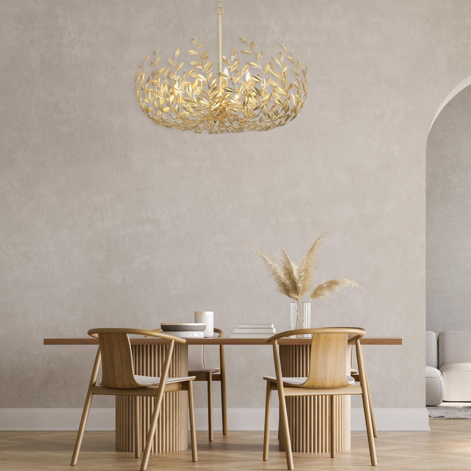 Závěsné Svítidlo s Listovým Motivem + Otevřený Design + Starožitné Zlaté + 58 cm Průměr 4