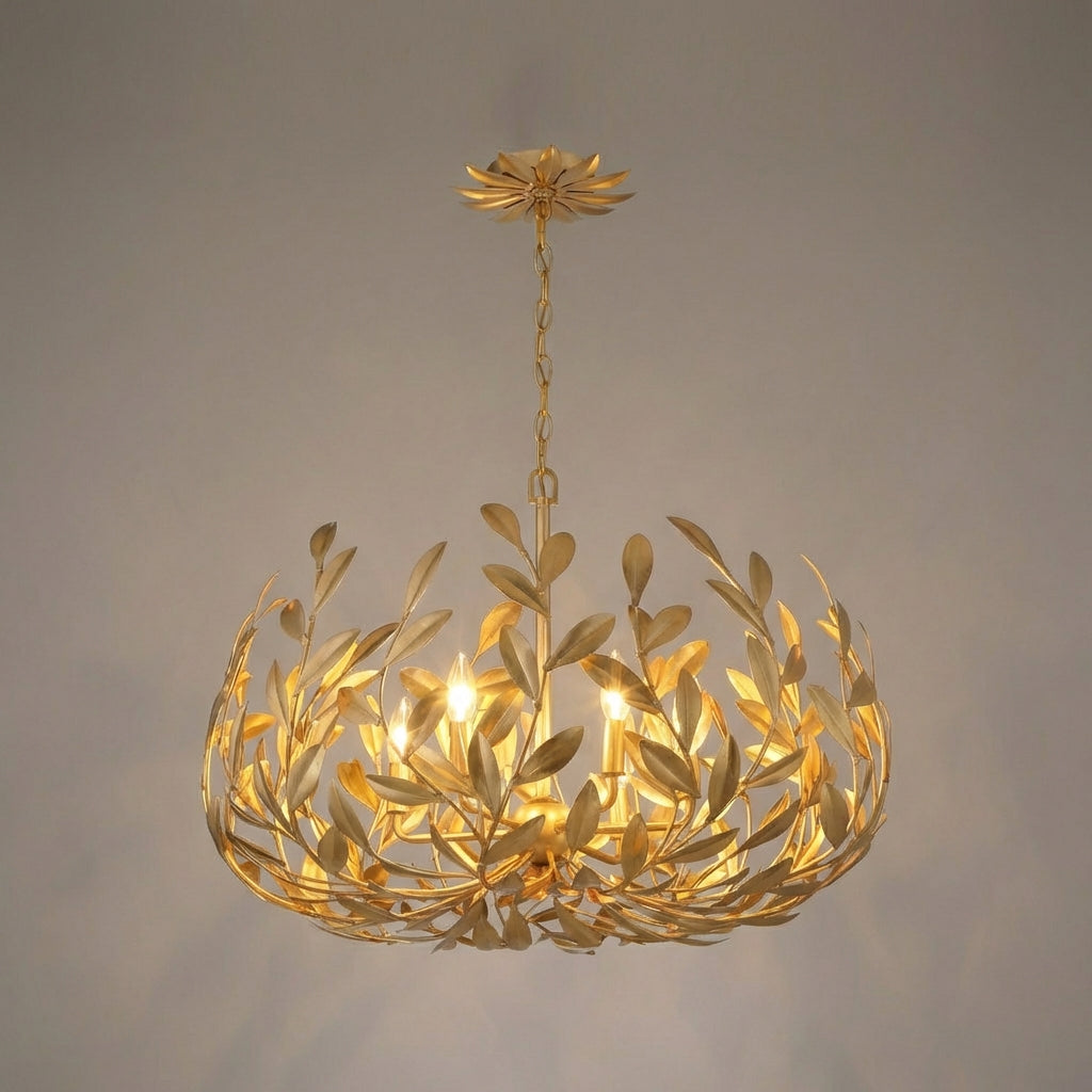 Závěsné Svítidlo s Listovým Motivem + Otevřený Design + Starožitné Zlaté + 58 cm Průměr 5