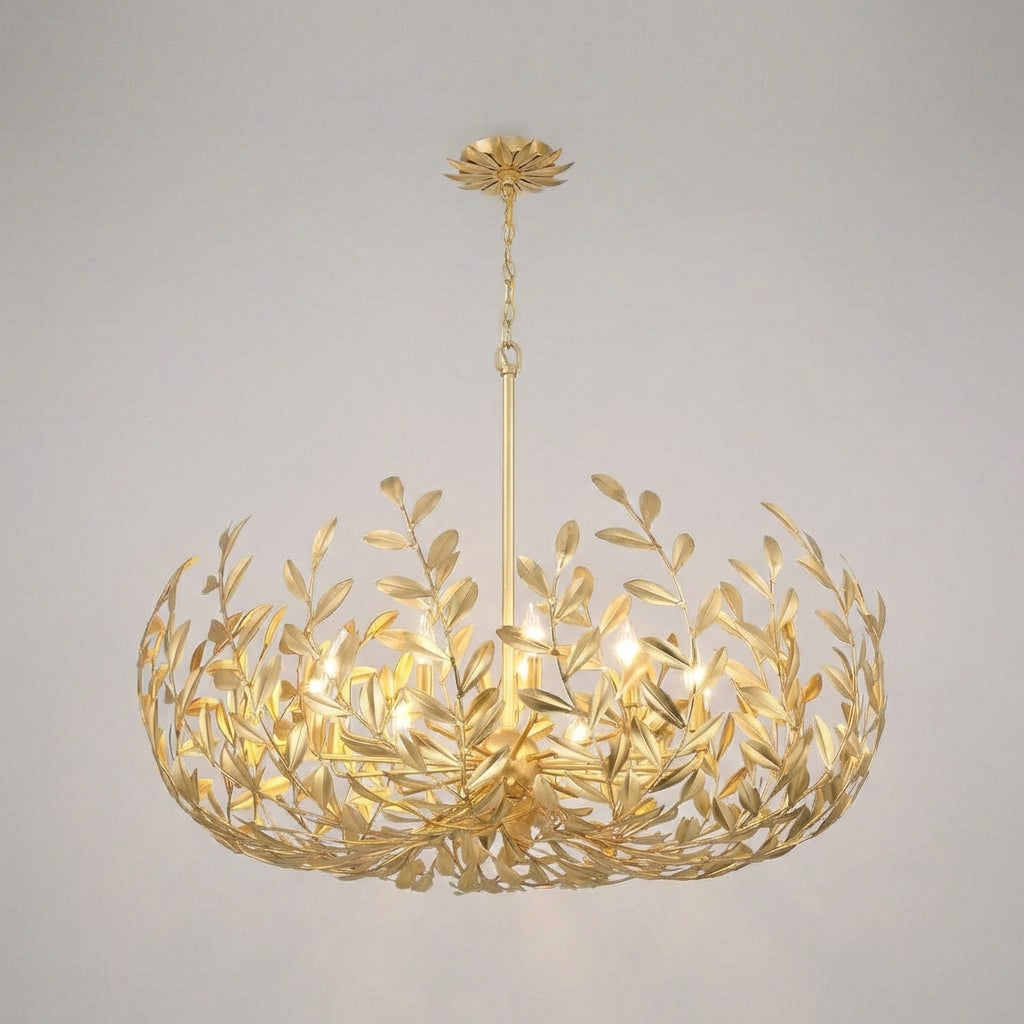 Závěsné Svítidlo s Listovým Motivem + Otevřený Design + Starožitné Zlaté + 58 cm Průměr 6