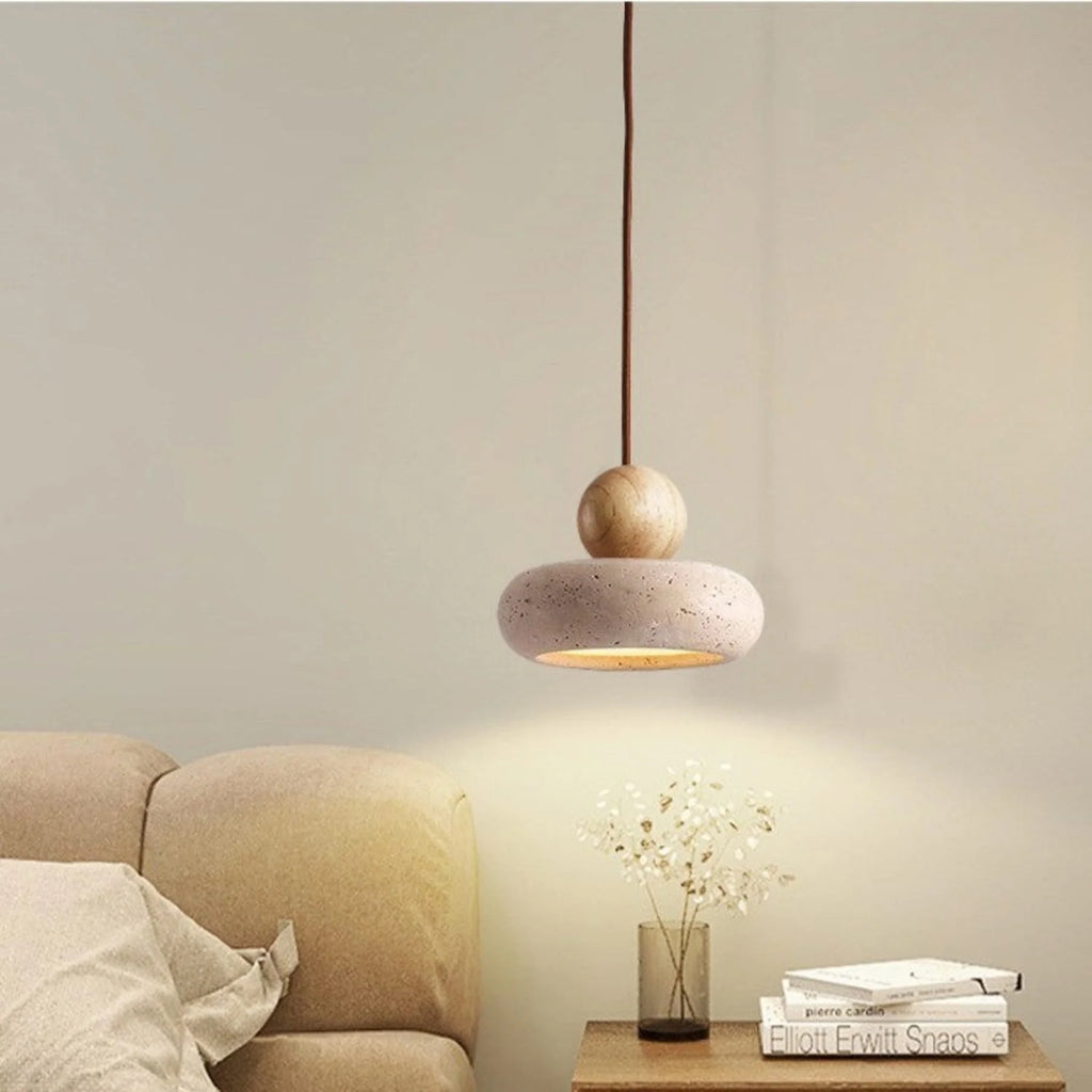 Závěsné svítidlo s teplým LED světlem, kombinující dřevo a beton, moderní design, roz 1