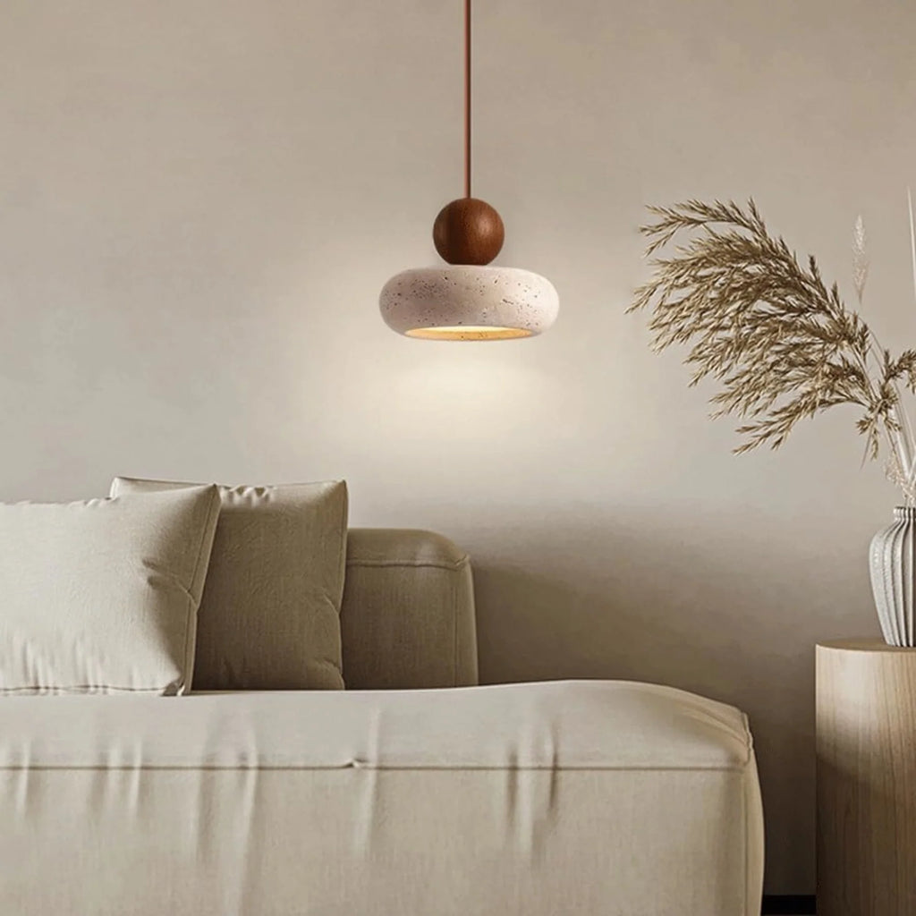 Závěsné svítidlo s teplým LED světlem, kombinující dřevo a beton, moderní design, roz 3