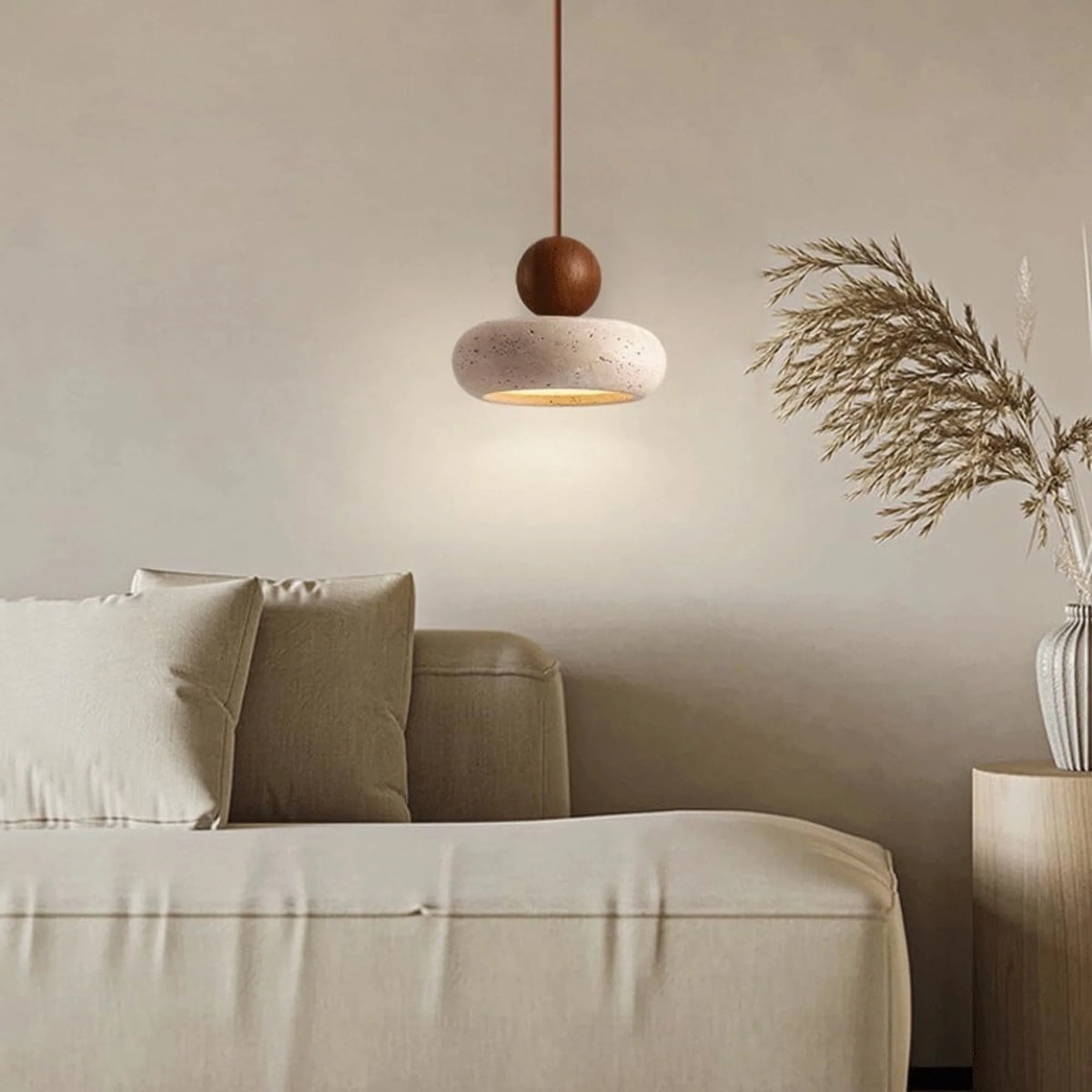 Závěsné svítidlo s teplým LED světlem, kombinující dřevo a beton, moderní design, roz 3