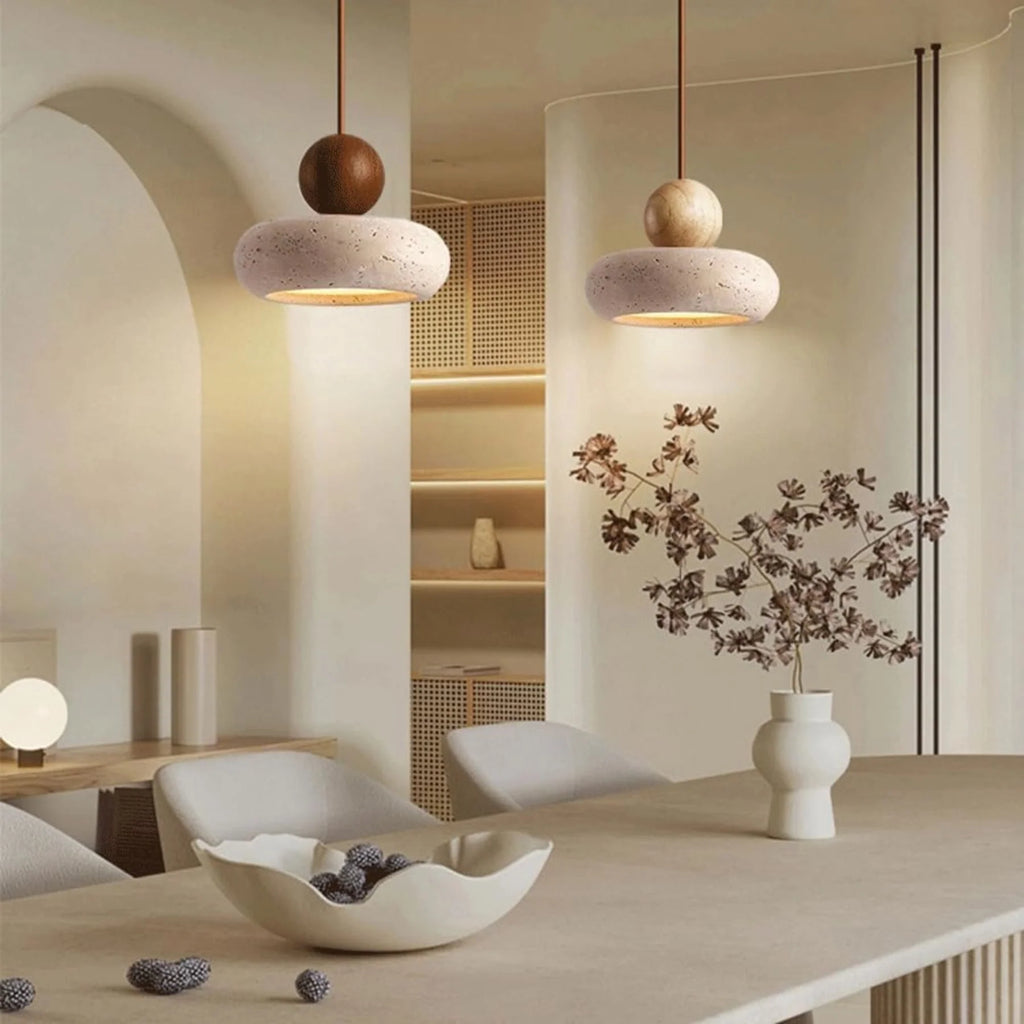Závěsné svítidlo s teplým LED světlem, kombinující dřevo a beton, moderní design, roz 5