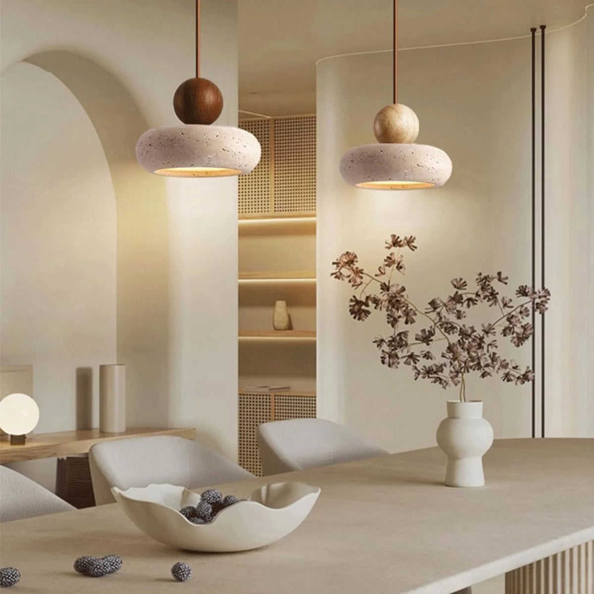 Závěsné svítidlo s teplým LED světlem, kombinující dřevo a beton, moderní design, roz 5