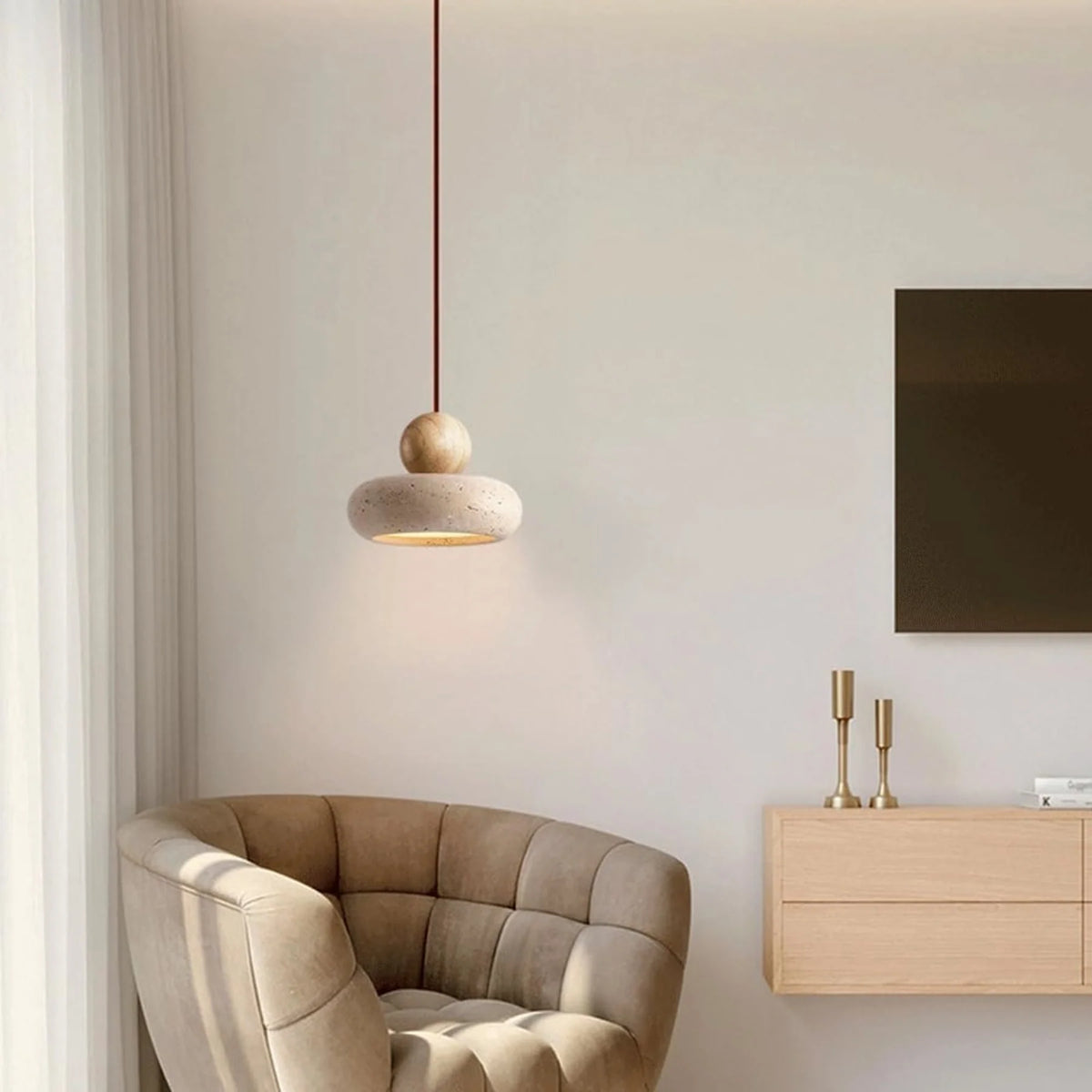Závěsné svítidlo s teplým LED světlem, kombinující dřevo a beton, moderní design, roz 6
