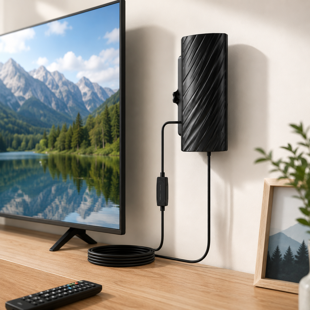 Vnitřní HDTV Anténa s Dlouhým Dosahem a Zesilovačem – Kompaktní Design, Podpora 4K a 600 mil Příjmu