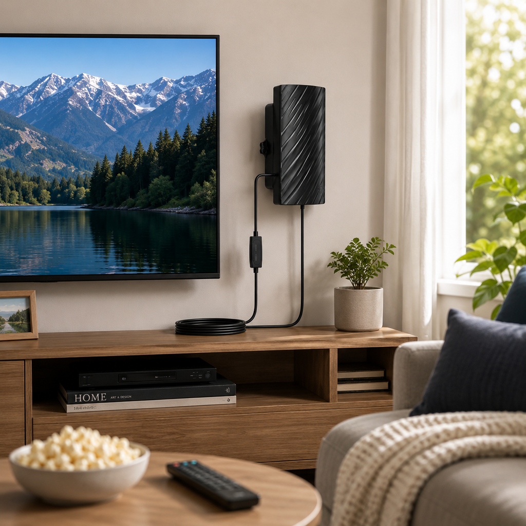 Vnitřní HDTV Anténa s Dlouhým Dosahem a Zesilovačem – Kompaktní Design, Podpora 4K a 600 mil Příjmu